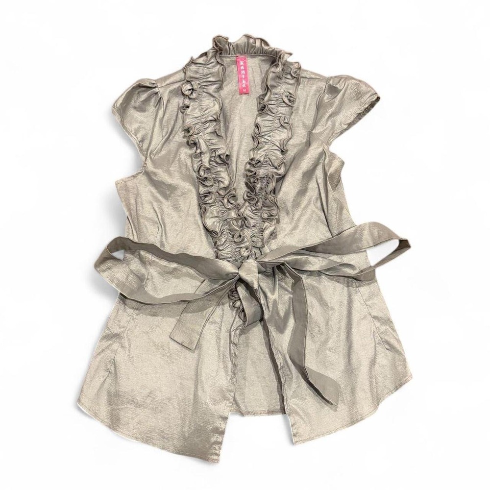 Kamila Vintage Women Silver Gray Ruffle Belted Blouse Medium Short Puff Sleeve